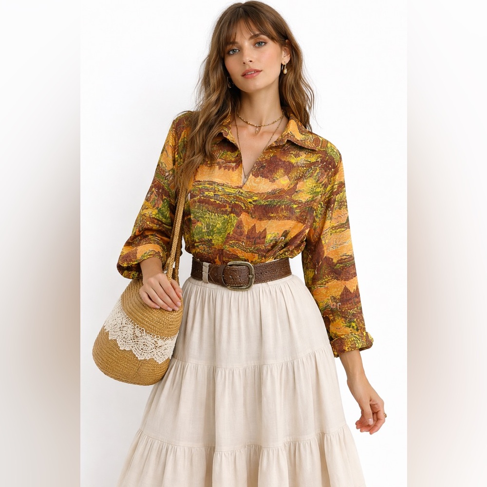 Vintage Peachskin Troy‎ California Western Scenic Print Shirt Top 70s Orange M
